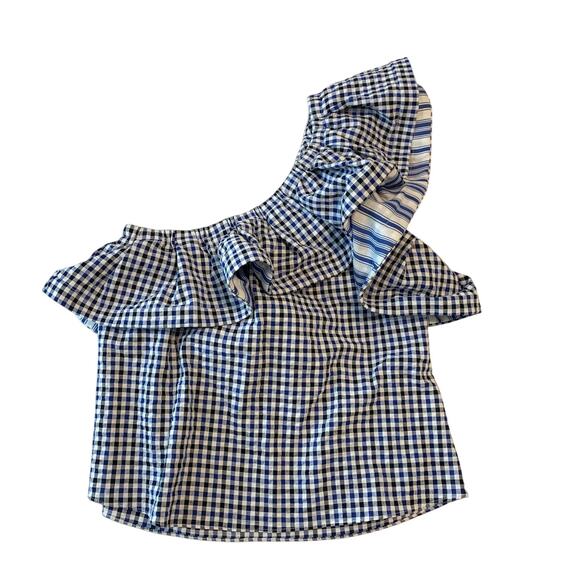 MISA Los Angeles Blue and White Gingham One Shoulder Top - Picture 1 of 6